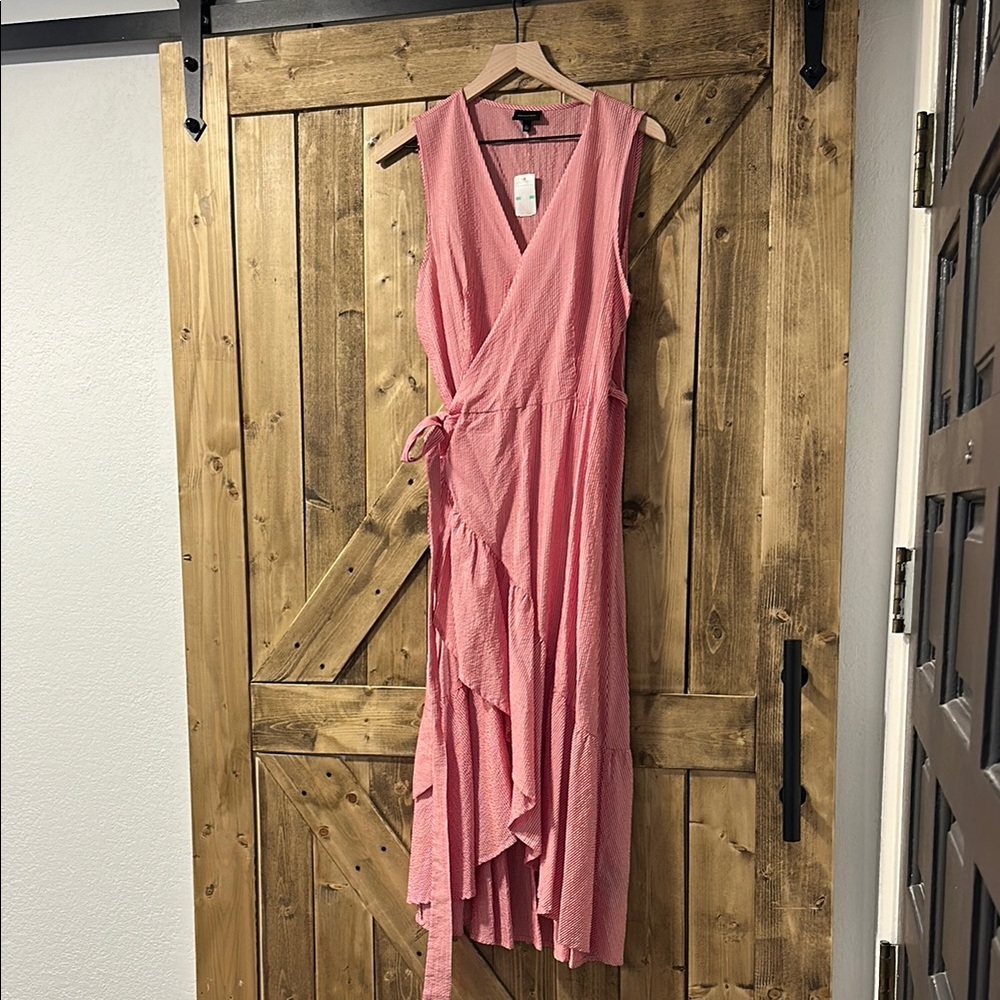 True Wrap Style Dress- red/pink white striped/seer sucker